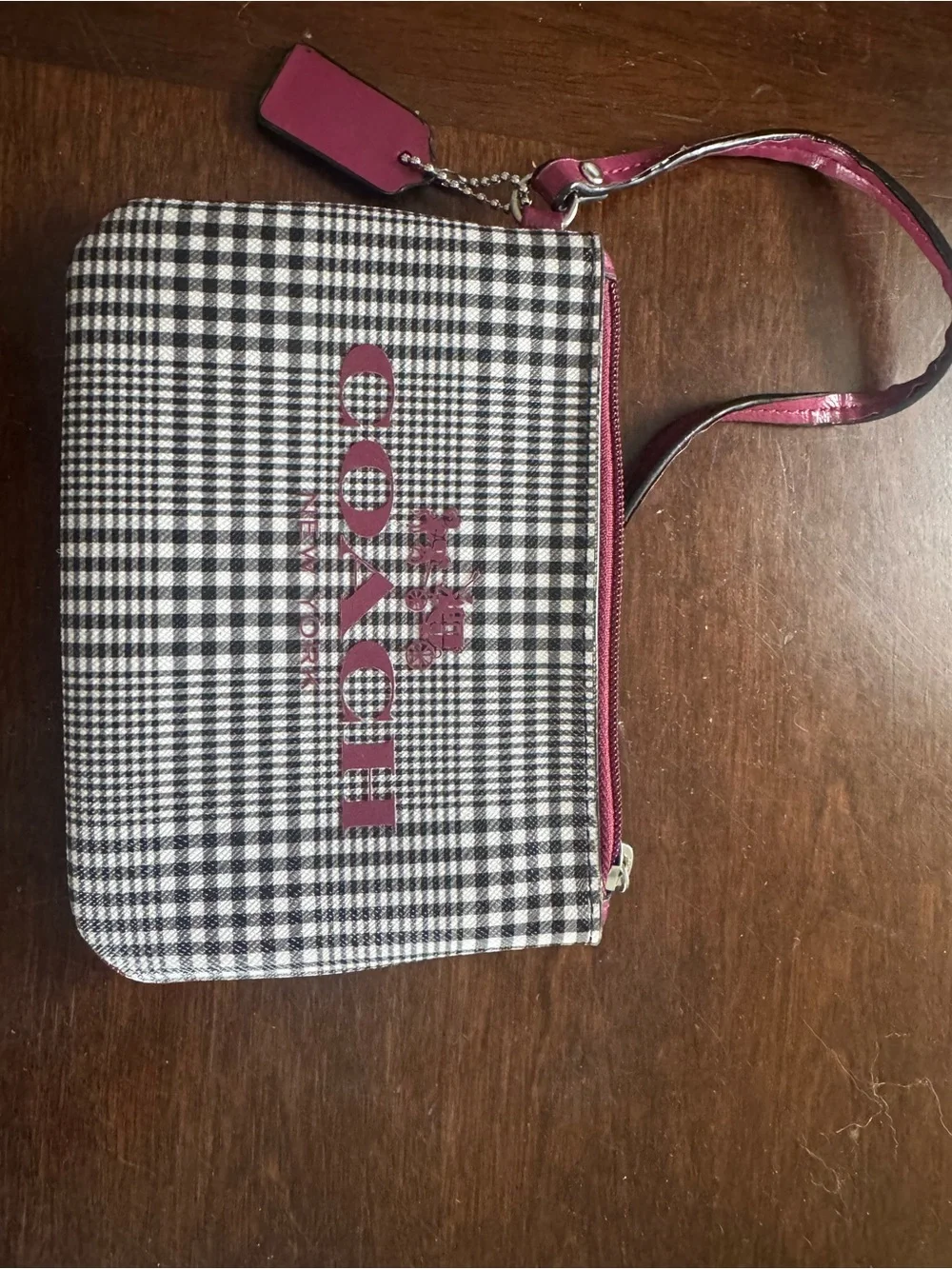 Coach Black-and-White Gingham Wristlet with Pink Logo